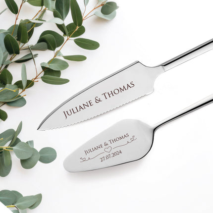 SEO. Tortenbesteck im Set - Herzen - Mit persönlicher Gravur als Geschenk zur Hochzeit - Silber Linkreich