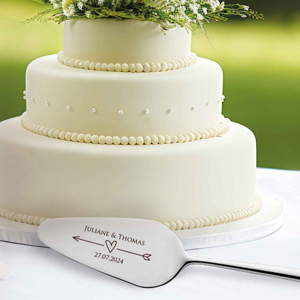 SEO. Tortenbesteck im Set - Pfeil - Mit persönlicher Gravur als Geschenk zur Hochzeit - Silber Linkreich