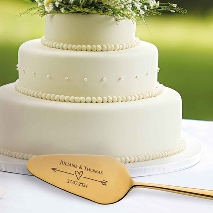 SEO. Tortenbesteck im Set - Pfeil - Mit persönlicher Gravur als Geschenk zur Hochzeit - Gold Linkreich