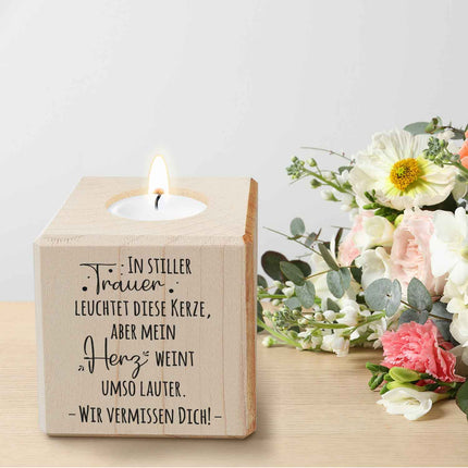SEO. Trauerlicht - Teelichthalter mit Gravur aus Holz - Grabschmuck - Motiv 3 Linkreich