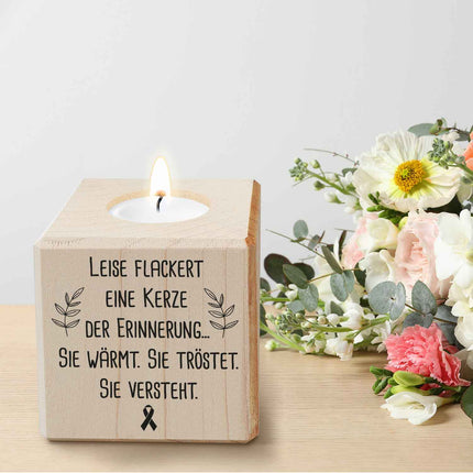 SEO. Trauerlicht - Teelichthalter mit Gravur aus Holz - Grabschmuck - Motiv 5 Linkreich