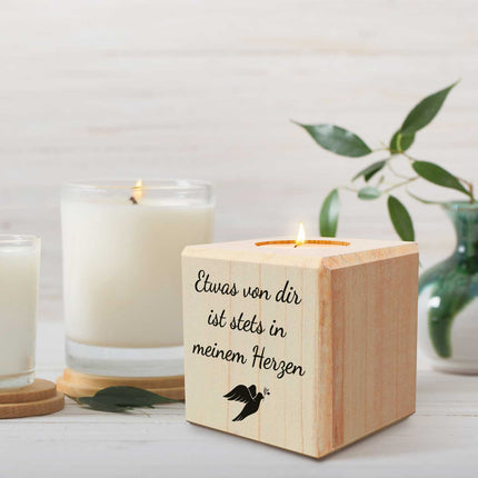 SEO. Trauerlicht - Teelichthalter mit Gravur aus Holz - Grabschmuck - Motiv 4 Linkreich