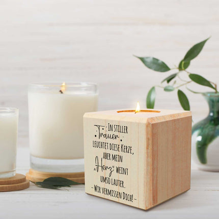 SEO. Trauerlicht - Teelichthalter mit Gravur aus Holz - Grabschmuck - Motiv 3 Linkreich