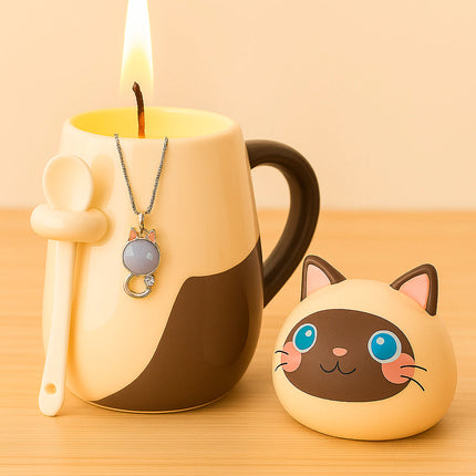 Schmuck Duftkerze mit Motiv Katze, in Keramiktasse mit Deckel und Löffel
