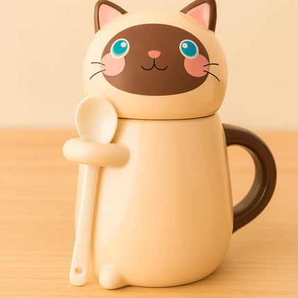 Schmuck Duftkerze mit Motiv Katze, in Keramiktasse mit Deckel und Löffel