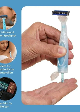 Trip Shave Club Rasierer– Kompakter 2-in-1 Reiserasierer mit integriertem Rasiergel (3-fach Klinge) - Blau Linkreich