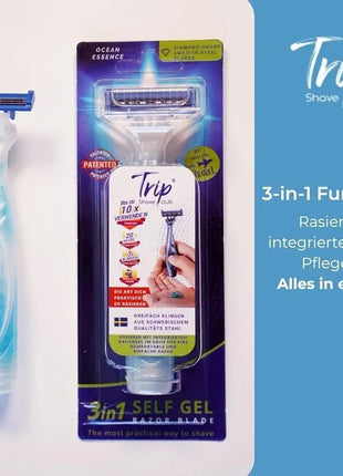 Trip Shave Club Rasierer– Kompakter 2-in-1 Reiserasierer mit integriertem Rasiergel (3-fach Klinge) - Blau Linkreich