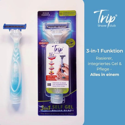 Trip Shave Club Rasierer– Kompakter 2-in-1 Reiserasierer mit integriertem Rasiergel (3-fach Klinge) - Blau Linkreich