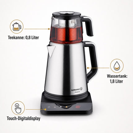 Elektrische Teemaschine Edelstahl Glas Teekocher Digitaldisplay 0,8 Liter 1,8 Liter Korkmaz Prosense