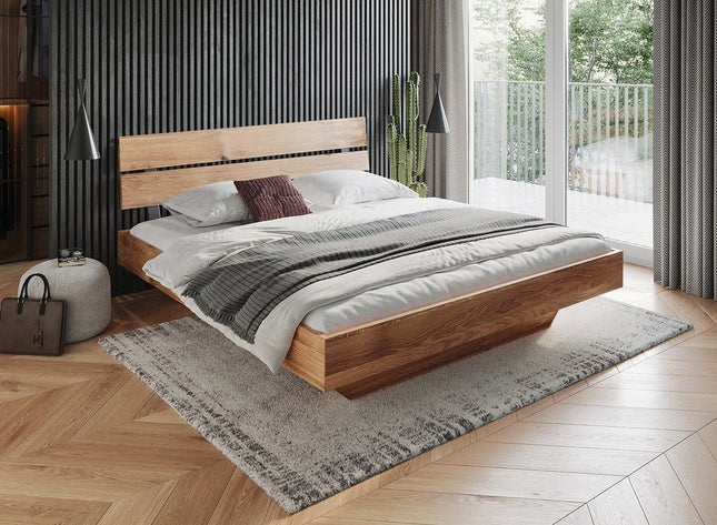 SEO. Turin Massivholz Eichenbett 140 - 180cm mit Holzbeinen und doppelter Rückenlehne - 140 x 200 cm Linkreich