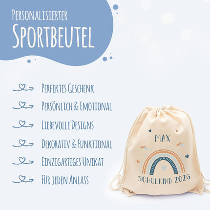SEO. Turnbeutel für Kinder - Regenbogen - zur Einschulung - Blau Linkreich
