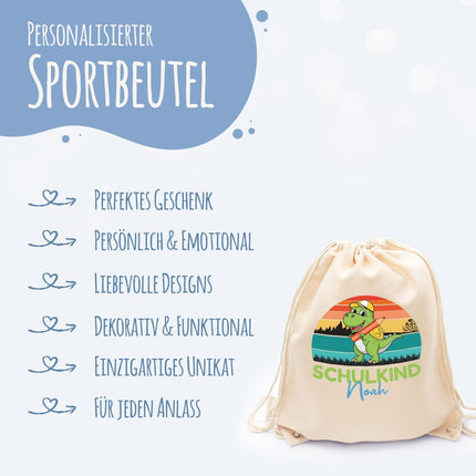 SEO. Turnbeutel für Kinder - Schulkind Dino - zur Einschulung - Linkreich