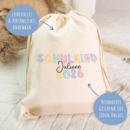 SEO. Turnbeutel für Kinder - Schulkind Kreide - zur Einschulung - Pastell Linkreich