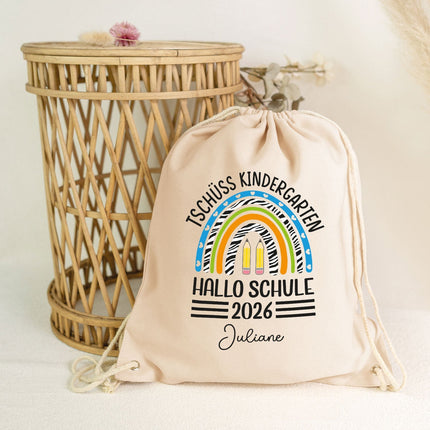 SEO. Turnbeutel für Kinder - Tschüss Kindergarten Regenbogen - zur Einschulung - Blau Linkreich