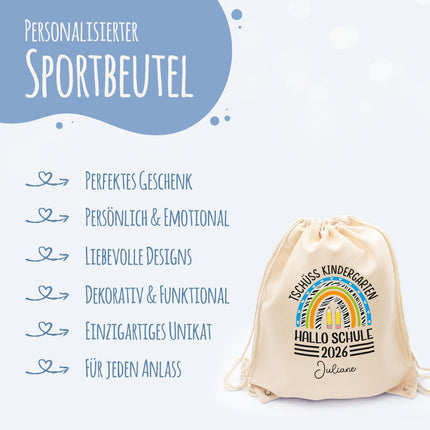 SEO. Turnbeutel für Kinder - Tschüss Kindergarten Regenbogen - zur Einschulung - Blau Linkreich
