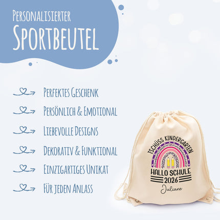SEO. Turnbeutel für Kinder - Tschüss Kindergarten Regenbogen - zur Einschulung - Lila Linkreich