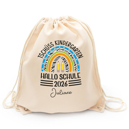 SEO. Turnbeutel für Kinder - Tschüss Kindergarten Regenbogen - zur Einschulung - Blau Linkreich