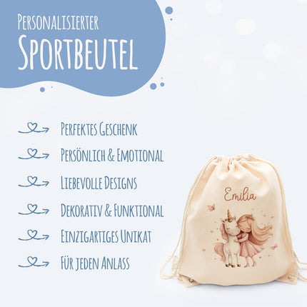SEO. Turnbeutel mit Kindermotiv - Prinzessin & Einhorn - für Kinder - Linkreich