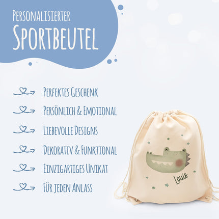 SEO. Turnbeutel mit Kindermotiv - Tierköpfe - für Kinder - Krokodil Linkreich