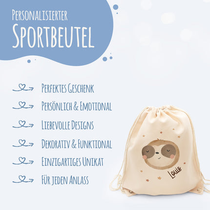SEO. Turnbeutel mit Kindermotiv - Tierköpfe - für Kinder - Faultier Linkreich