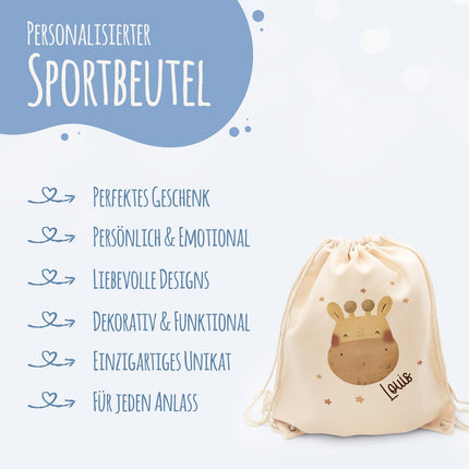 SEO. Turnbeutel mit Kindermotiv - Tierköpfe - für Kinder - Giraffe Linkreich