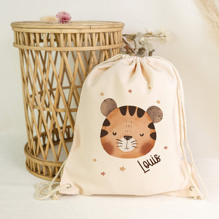 SEO. Turnbeutel mit Kindermotiv - Tierköpfe - für Kinder - Tiger Linkreich