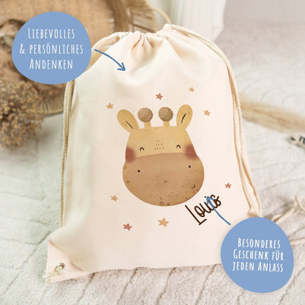 SEO. Turnbeutel mit Kindermotiv - Tierköpfe - für Kinder - Giraffe Linkreich