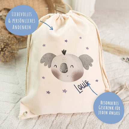 SEO. Turnbeutel mit Kindermotiv - Tierköpfe - für Kinder - Koala Linkreich