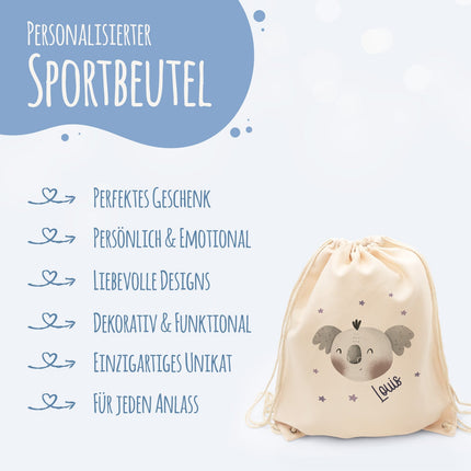 SEO. Turnbeutel mit Kindermotiv - Tierköpfe - für Kinder - Koala Linkreich