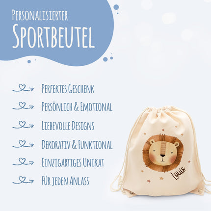 SEO. Turnbeutel mit Kindermotiv - Tierköpfe - für Kinder - Löwe Linkreich