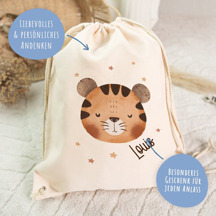 SEO. Turnbeutel mit Kindermotiv - Tierköpfe - für Kinder - Tiger Linkreich