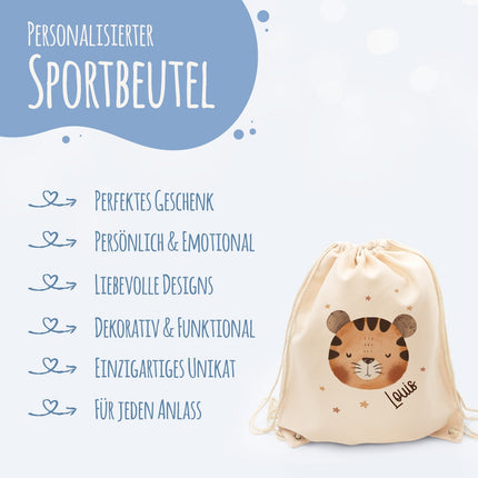 SEO. Turnbeutel mit Kindermotiv - Tierköpfe - für Kinder - Tiger Linkreich