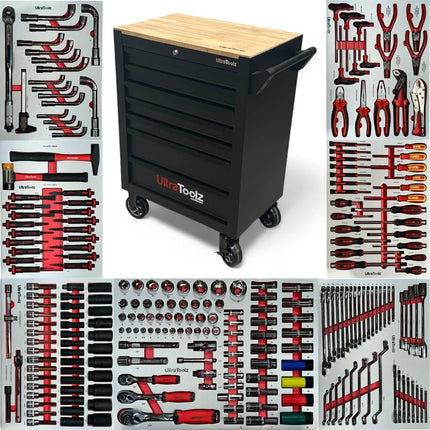 ULTRATOOLZ Profi Werkstattwagen 8/8 – 300+ Teile Chrom - Vanadium Werkzeug | 7 Schubladen + Seitenfach | Schwarz/Grün | mit Drehmomentschlüssel & Kolbenrücksteller (Profi - Werkzeugwagen) kaufen bei Linkreich – Jetzt entdecken!