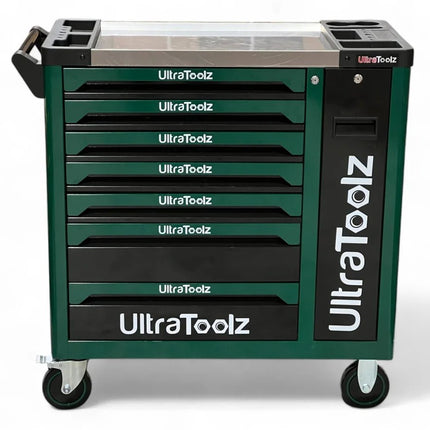 ULTRATOOLZ Werkstattwagen 7/7 – befüllt mit über 300 Werkzeugteilen | Chrom Vanadium, Seitenfach, Schloss, Grün - Schwarz, 80 kg (Profi - Werkzeugwagen) kaufen bei Linkreich – Jetzt entdecken!