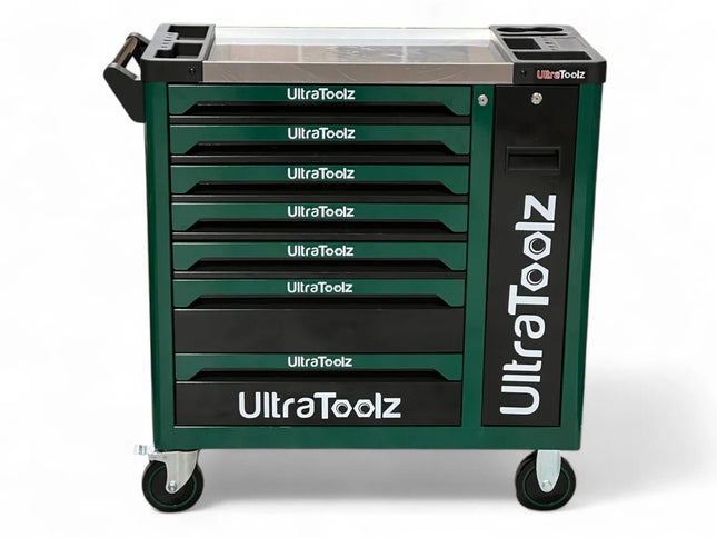 ULTRATOOLZ Werkstattwagen 7/7 – befüllt mit über 300 Werkzeugteilen | Chrom Vanadium, Seitenfach, Schloss, Grün - Schwarz, 80 kg (Profi - Werkzeugwagen) kaufen bei Linkreich – Jetzt entdecken!