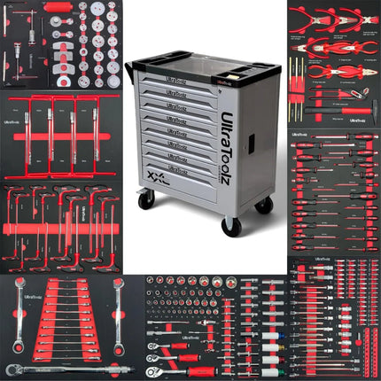 ULTRATOOLZ Werkstattwagen 8/8 – über 270 Teile Chrom - Vanadium Werkzeug | 8 befüllte Schubladen inkl. Drehmomentschlüssel & Bremskolbenrücksteller - Set, Seitenfach & Schloss – Grau (Profi - Werkzeugwagen) kaufen bei Linkreich – Jetzt entdecken!