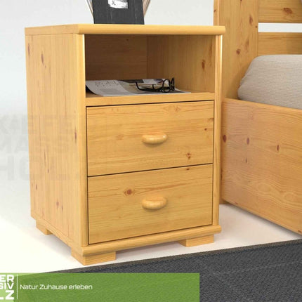 SEO. Vanessa Kiefer Massivholz Nachttisch Kiefer mit 2 Schubladen und 1 Regal aus 100% Bio Kiefer - Natur Linkreich