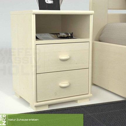 SEO. Vanessa Kiefer Massivholz Nachttisch Kiefer mit 2 Schubladen und 1 Regal aus 100% Bio Kiefer - Weiss Linkreich