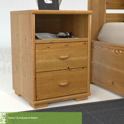 SEO. Vanessa Kiefer Massivholz Nachttisch Kiefer mit 2 Schubladen und 1 Regal aus 100% Bio Kiefer - Antik Kiefer Linkreich