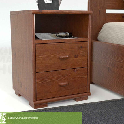 SEO. Vanessa Kiefer Massivholz Nachttisch Kiefer mit 2 Schubladen und 1 Regal aus 100% Bio Kiefer - Kolonial Linkreich