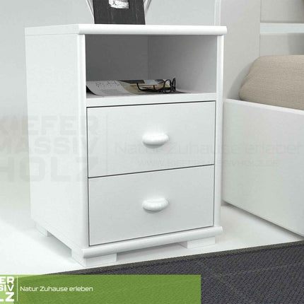 SEO. Vanessa Kiefer Massivholz Nachttisch Kiefer mit 2 Schubladen und 1 Regal aus 100% Bio Kiefer - Schneeweiss Linkreich