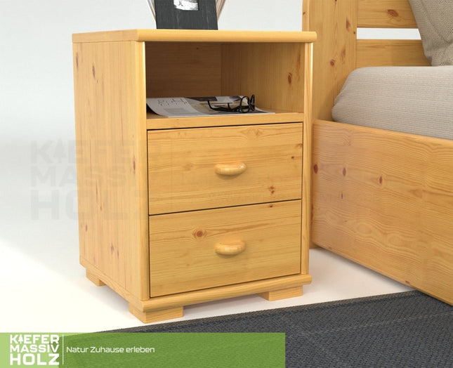SEO. Vanessa Kiefer Massivholz Nachttisch Nachtschrank | 2 - Schubladen 1 - Regal | 100% Bio Kiefer - Natur Linkreich