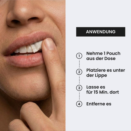 Anwendung: Pouch aus der Dose nehmen, unter die Lippe legen, 15 Minuten warten, entfernen