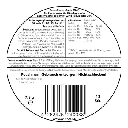 Etikett Arctic Mint: Zutaten, Naehrwerte je Pouch, 200 mg Koffein, Verzehrempfehlung