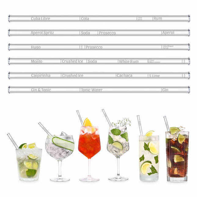 Wählbare Cocktail Rezepte Glasstrohhalme - individuelle Cocktails mit gravierten Maßen für perfektes Mixen - 6er Set (Glastrinkhalme) kaufen bei Linkreich – Jetzt entdecken!