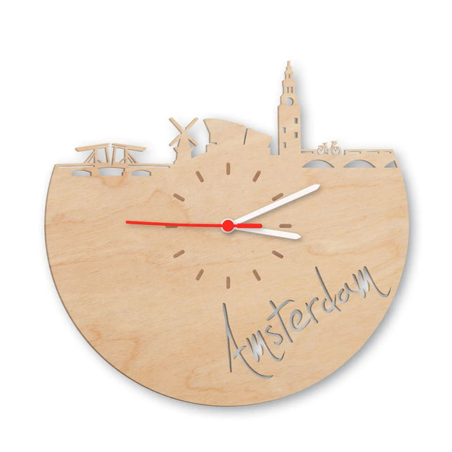 SEO. Wanduhr aus Holz Skyline Amsterdam - Birke Linkreich