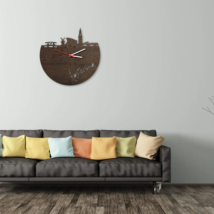 SEO. Wanduhr aus Holz Skyline Amsterdam - Birke Linkreich