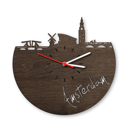 SEO. Wanduhr aus Holz Skyline Amsterdam - Birke Linkreich