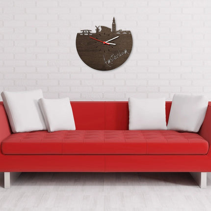 SEO. Wanduhr aus Holz Skyline Amsterdam - Birke Linkreich