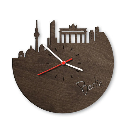 SEO. Wanduhr aus Holz Skyline Berlin - Eiche geräuchert Linkreich
